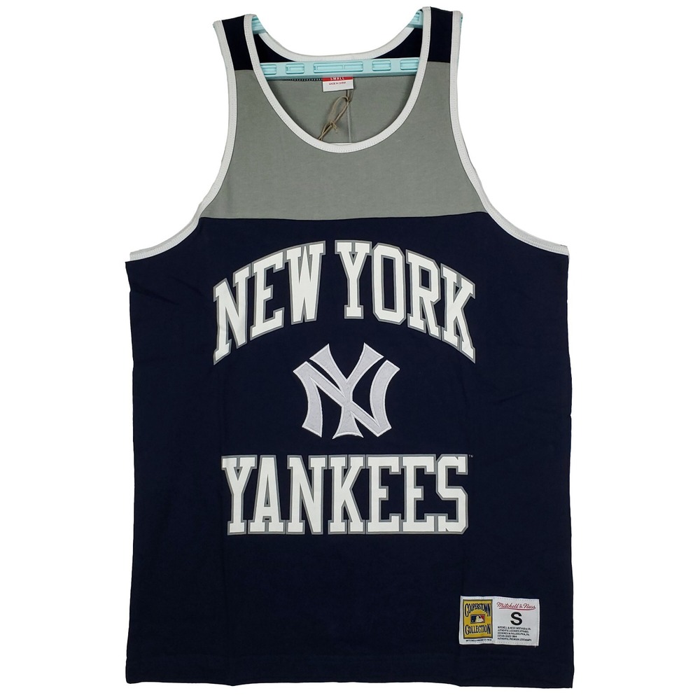 NY Yankees Mitchell & Ness MLB‎ Small Tank Top Cut Felt Letters Navy Gray NWT